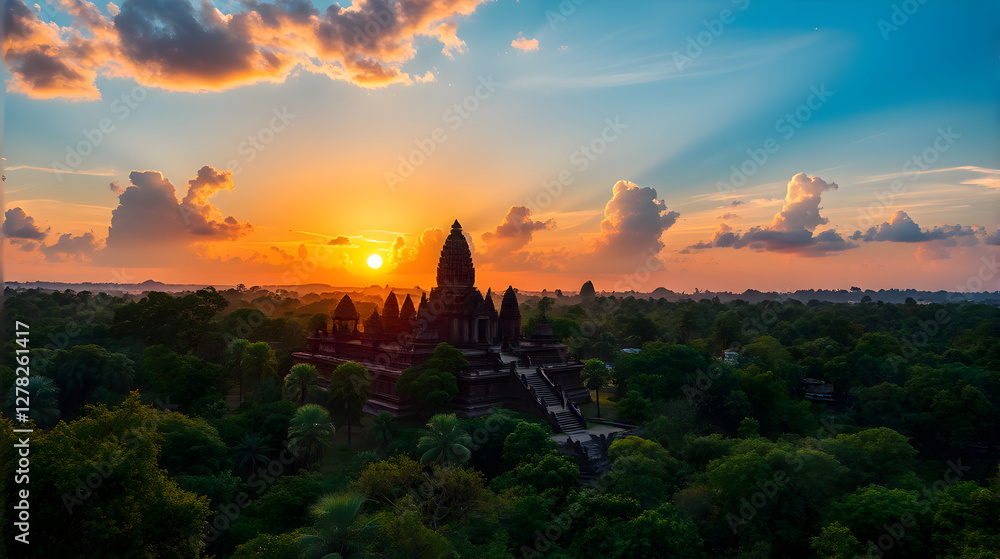 Naklejka premium Sunset Over an Ancient Temple Surrounded by Jungle