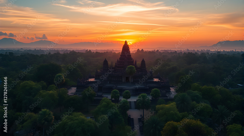 Fototapeta premium Sunset Over an Ancient Temple Surrounded by Jungle
