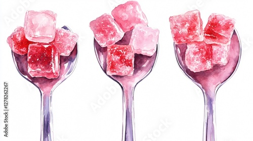 Watercolor Pink Sugar Cubes on White Background photo