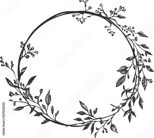Elegant black and white floral wreath illustration with leaves and branches.