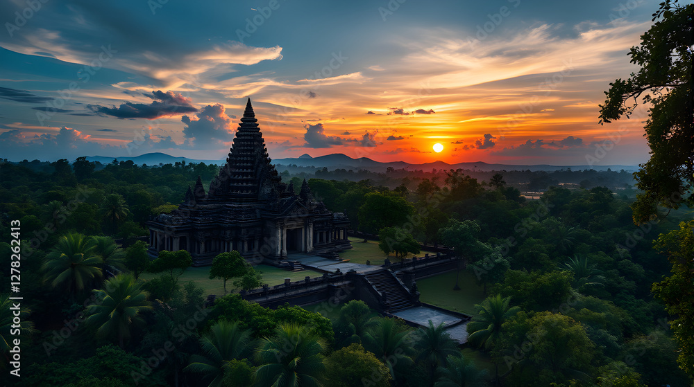 Fototapeta premium Sunset Over an Ancient Temple Surrounded by Jungle