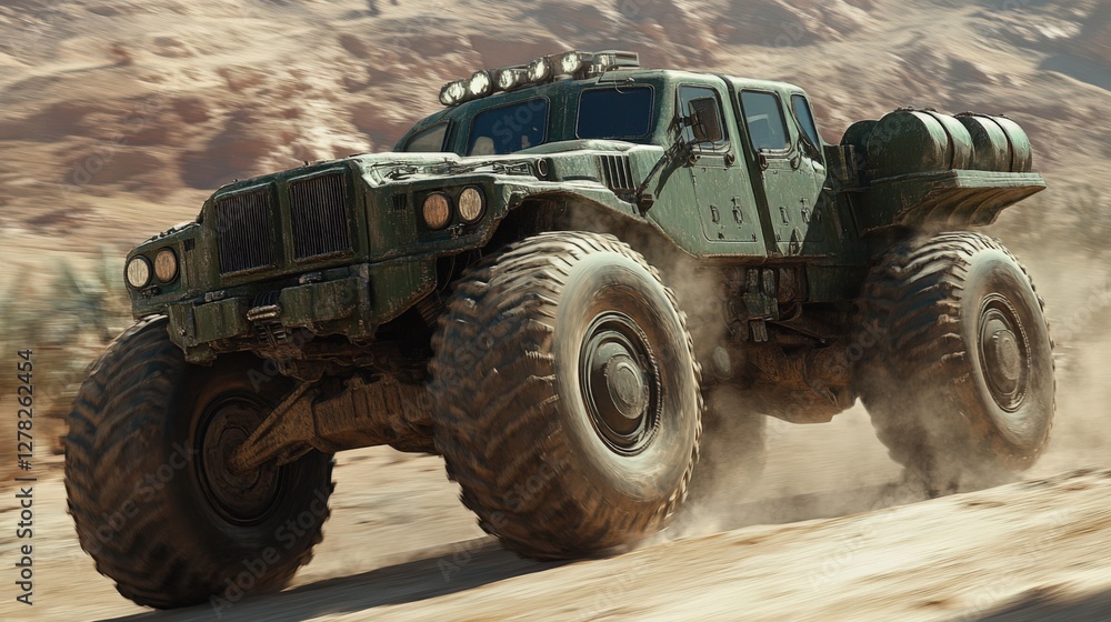 Fototapeta premium High-Performance Military Vehicle Traversing Desert Terrain with Dust Clouds Amidst Sandy Dunes and Rugged Landscape