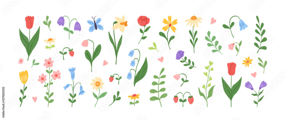 Set of spring and summer hand drawn flowers. Floral elements, wildflower, leaves and herb, plants, foliage on white background. Collection spring blossom icons. Vector flat illustration. Set of spring and summer hand drawn flowers. Floral elements, wildflower, leaves and herb, plants, foliage on white background. Collection spring blossom icons. Vector flat illustration.