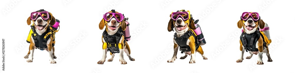 Fototapeta premium Set of adorable beagle dogs wearing scuba diving gear and pink goggles, isolated on transparent background