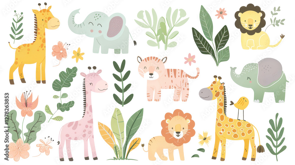Obraz premium Cute Safari Animal Illustrations Set with Giraffes, Elephants, Lions and Leaves in Pastel Colors.