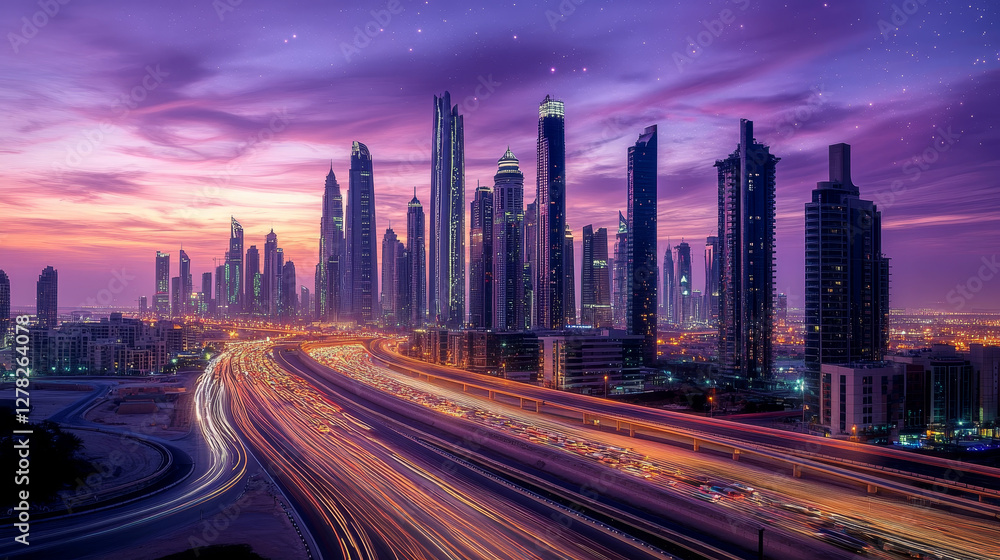 Fototapeta premium Modern city highway in lights of sunrise. Vector cartoon illustration of urban road perspective, sun rising in pink and purple dawn sky with stars, office and housing skyscraper buildings, cityscape