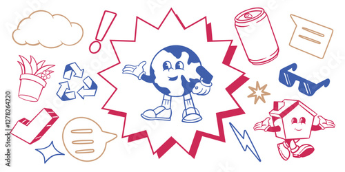 Cartoon Earth and house characters surrounded by icons like recycling, cloud, and sunglasses. Fun, colorful, and playful design elements. Cute cartoon elements, vector set.