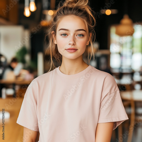 Young girl with messy bun, in regular fit light peach t-shirt standing in cafe. Women's short sleeve shirt mockup. Female holiday, vacation, urban lifestyle tee template, indoors