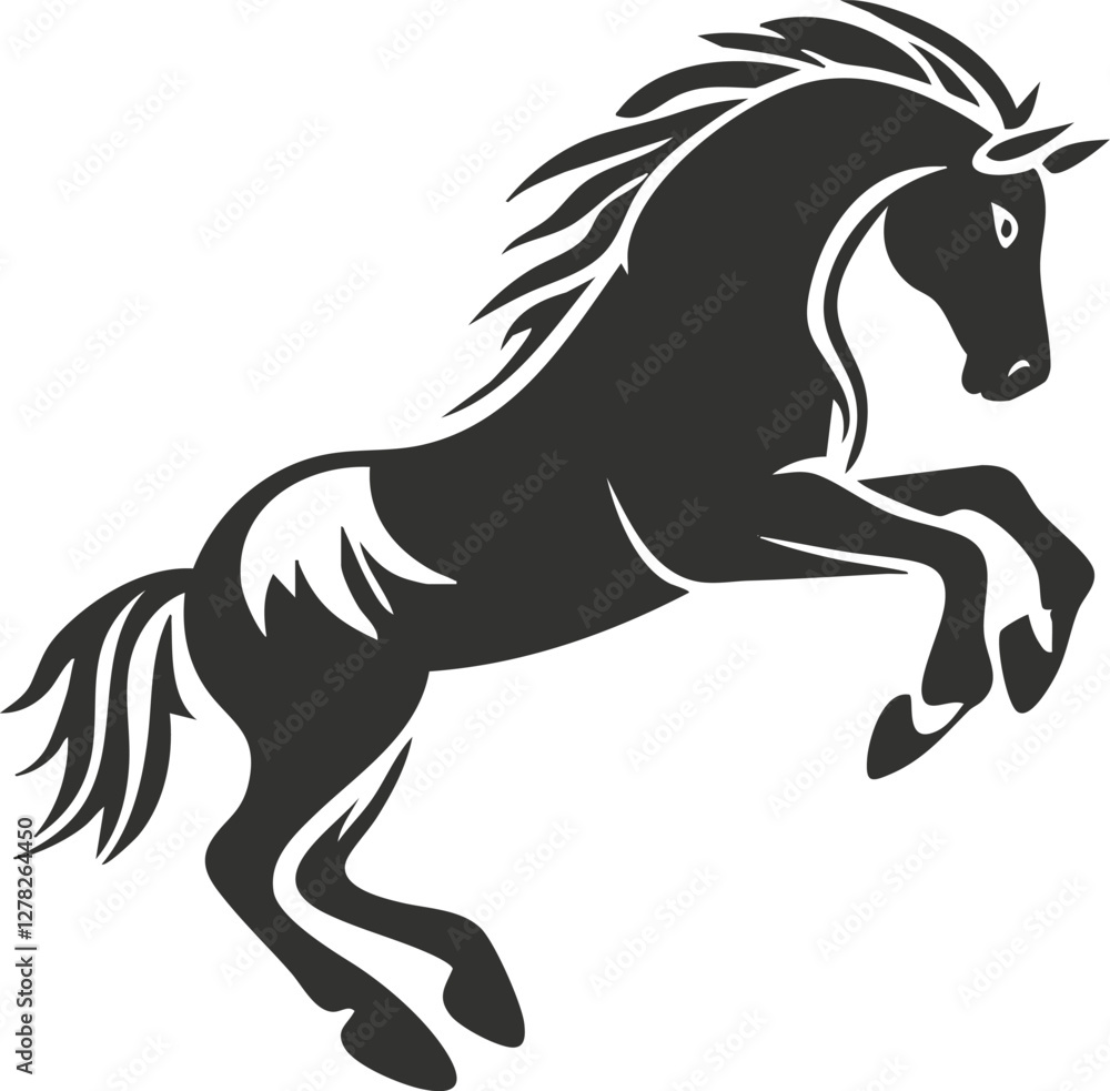 Obraz premium Black silhouette of a jumping horse with flowing mane and tail.