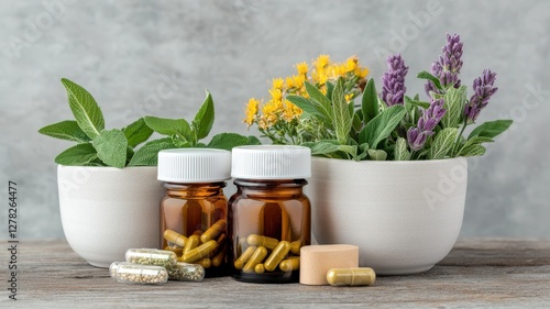 A collection of herbal supplements alongside fresh plants in pots, emphasizing natural health and wellness.