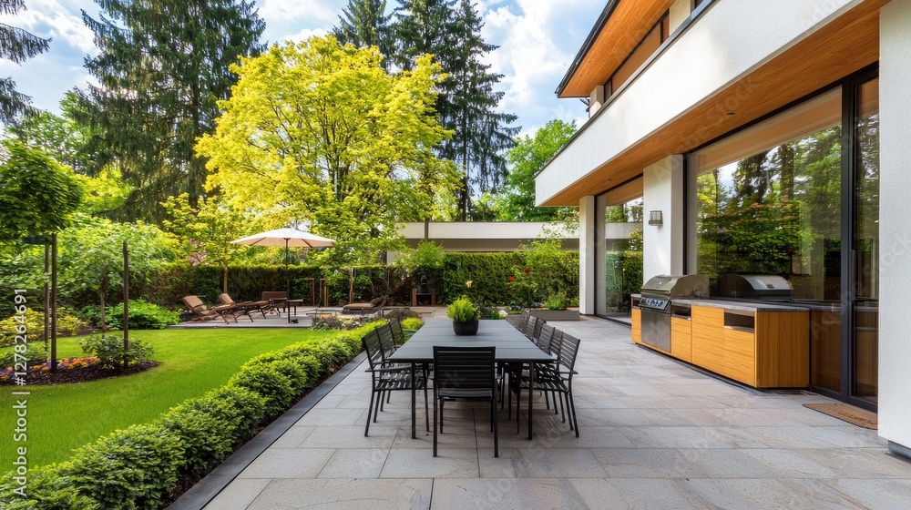 A modern home exterior with a fully equipped outdoor kitchen, relaxing patio, and garden view.