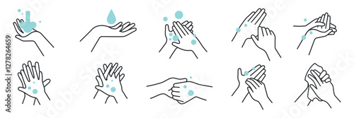 Illustration of handwashing steps. Hands with soap, water, bubbles. Step-by-step handwashing guide. Clean hands, hygiene, handwashing technique. Hygiene illustrations, vector set.
