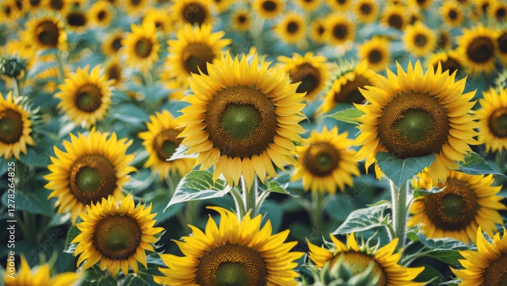 Vibrant Close-Up of Sunflower Bloom with Lush Green Leaves and Copy Space for Text in Beautiful Field of Sunflowers Vibrant Close-Up of Sunflower Bloom with Lush Green Leaves and Copy Space for Text in Beautiful Field of Sunflowers