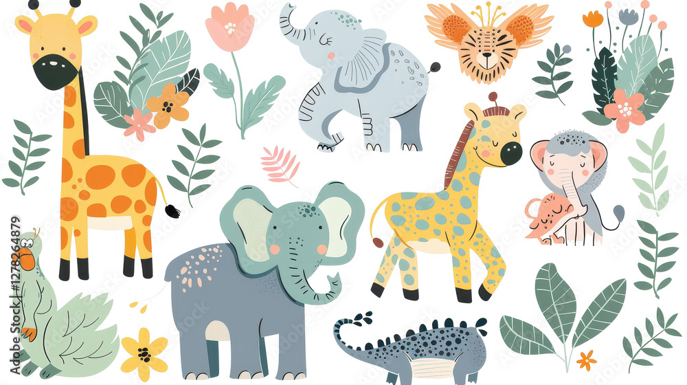 Naklejka premium Cute Safari Animal Illustrations Set with Giraffes, Elephants, Lions and Leaves in Pastel Colors.