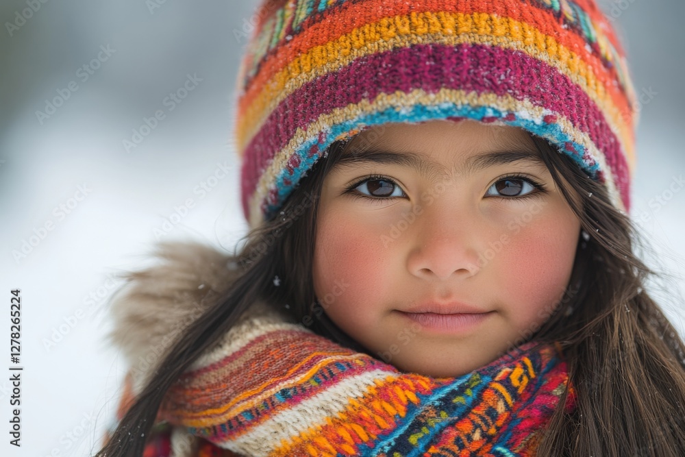 Young girl wearing colorful winter attire with a warm smile in snowy outdoor environment Young girl wearing colorful winter attire with a warm smile in snowy outdoor environment