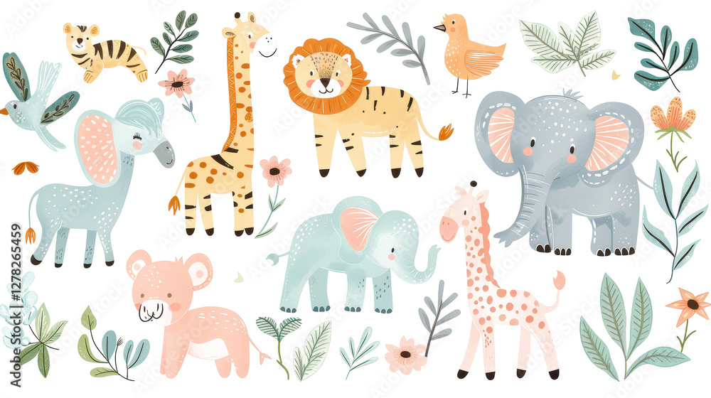 Obraz premium Cute Safari Animal Illustrations Set with Giraffes, Elephants, Lions and Leaves in Pastel Colors.
