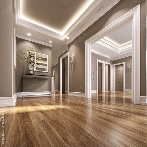 luxurious interior design with wooden flooring and modern lighting photo
