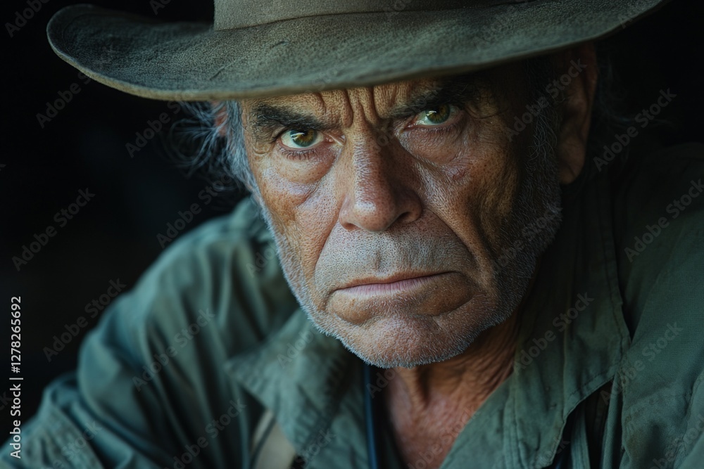 Man with intense gaze wearing a hat, displaying rugged features in a close-up outdoor setting Man with intense gaze wearing a hat, displaying rugged features in a close-up outdoor setting