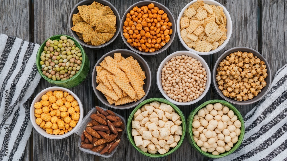 A vibrant assortment of nuts and snacks displayed in bowls on a wooden surface, showcasing various textures and colors. A vibrant assortment of nuts and snacks displayed in bowls on a wooden surface, showcasing various textures and colors.