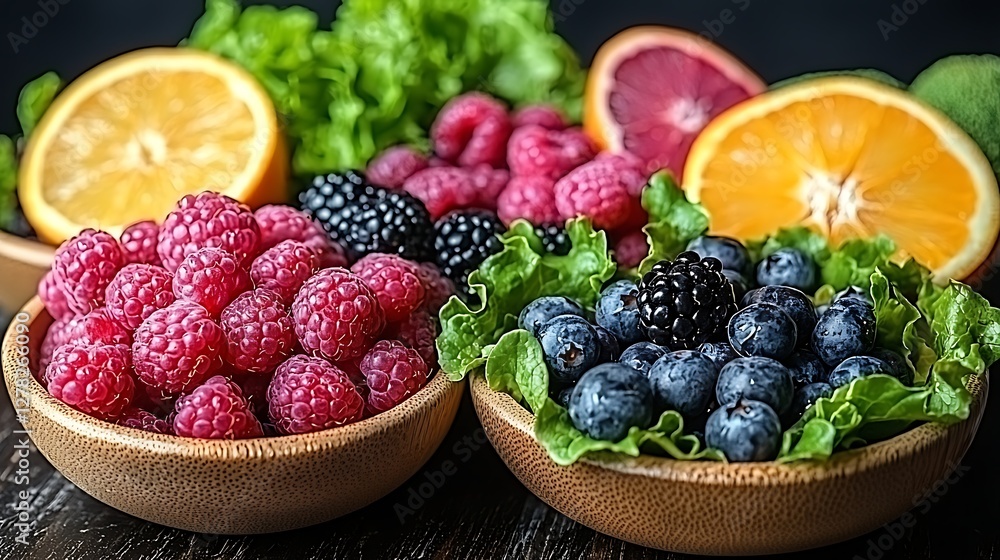 A Symphony of Berries: Vibrant selection of raspberries, blueberries, blackberries, and sliced citrus fruits artfully arranged in rustic bowls, portraying the essence of health and deliciousness. A Symphony of Berries: Vibrant selection of raspberries, blueberries, blackberries, and sliced citrus fruits artfully arranged in rustic bowls, portraying the essence of health and deliciousness.