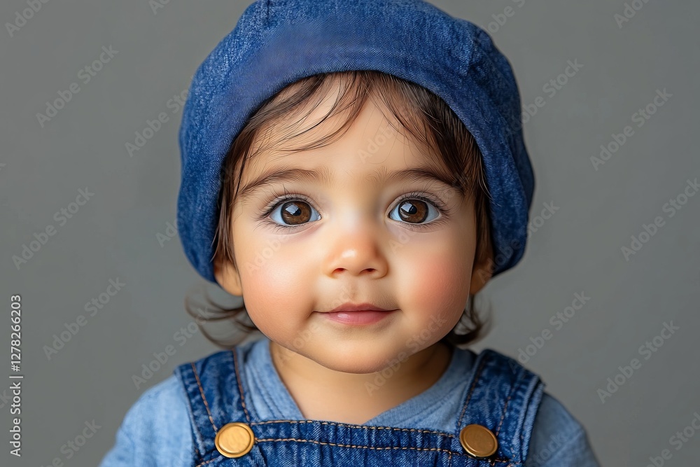 Cute toddler wearing denim overalls and a blue hat with a charming expression in a neutral setting Cute toddler wearing denim overalls and a blue hat with a charming expression in a neutral setting