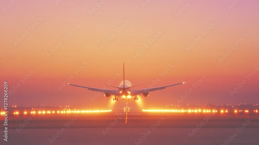 Airplane landing at sunset, illuminating runway with warm glow, Airplane landing at sunset, illuminating runway with warm glow,
