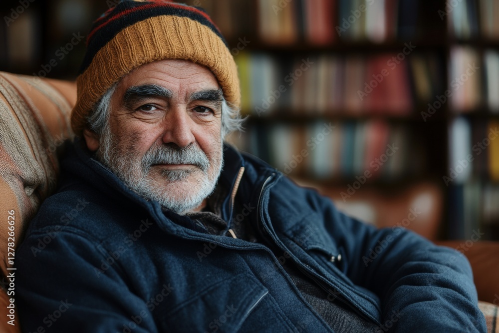 Obraz premium Older man rests comfortably in a cozy library, wearing a beanie and warm clothing while surrounded by books