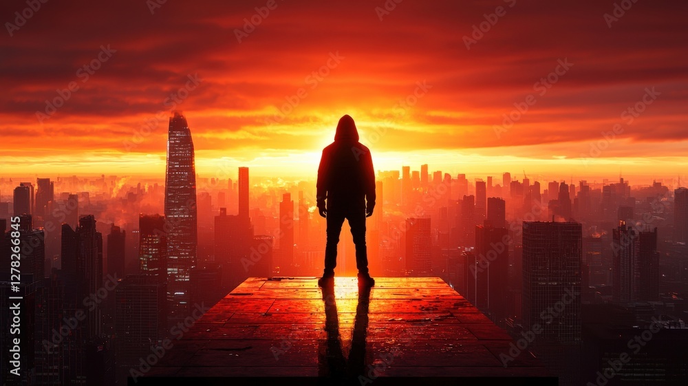 Fototapeta premium A lone figure standing on the edge of a ruined skyscraper, watching the sun rise over a dead world