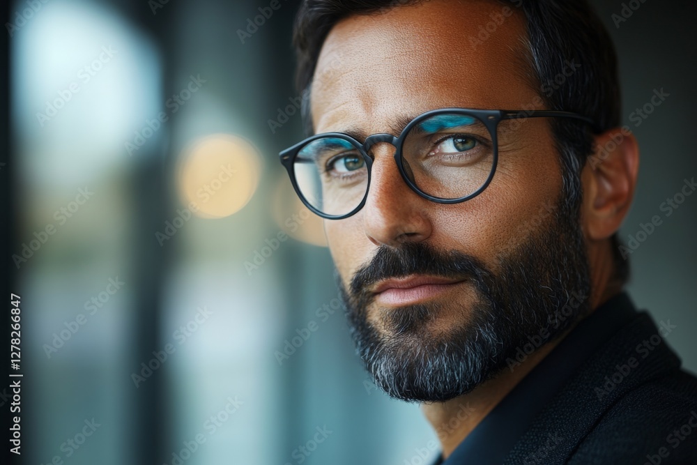 Confident man with glasses gazes thoughtfully while standing indoors in a modern setting, showcasing style and poise Confident man with glasses gazes thoughtfully while standing indoors in a modern setting, showcasing style and poise