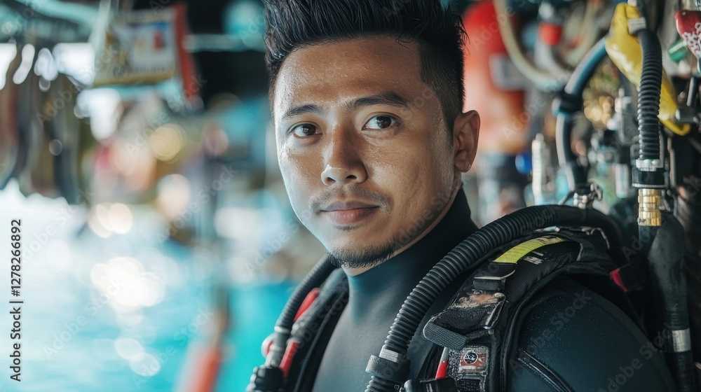 Young Man in Dive Suit Preparing for Underwater Adventure Experience Young Man in Dive Suit Preparing for Underwater Adventure Experience