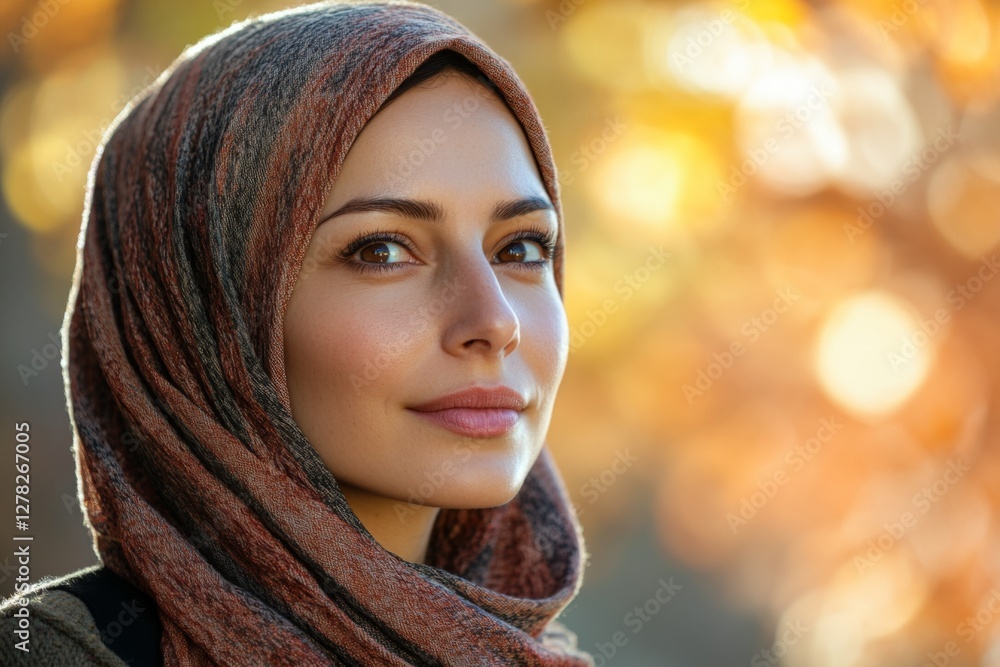 Woman with a warm smile and headscarf enjoying a beautiful autumn day in a park filled with colorful leaves Woman with a warm smile and headscarf enjoying a beautiful autumn day in a park filled with colorful leaves