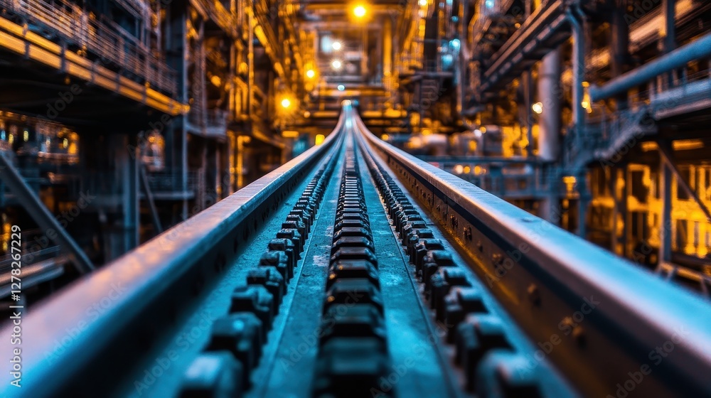 Industrial Conveyor System with Illuminated Background in Factory