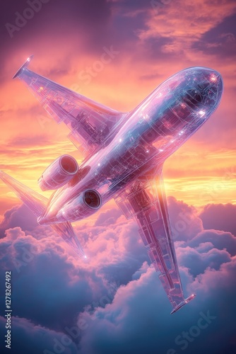 Sleek aircraft soaring through vibrant clouds, illuminated by st