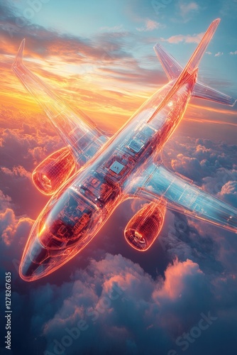 Translucent aircraft soaring through vibrant sunset clouds, show