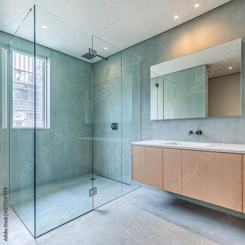Glass-walled bathroom with natural light and ample space