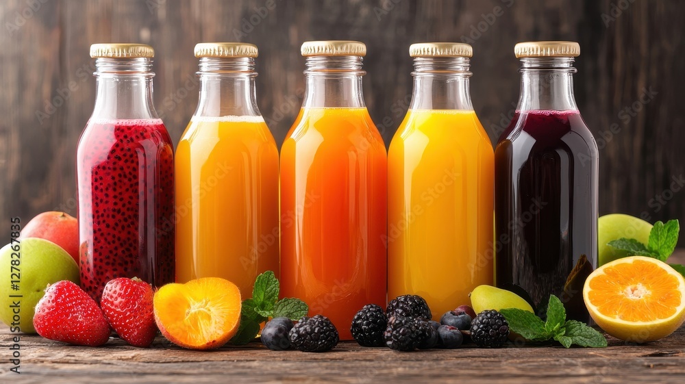 A vibrant display of colorful fruit juices in glass bottles, surrounded by fresh fruits, showcasing a healthy and refreshing beverage option. A vibrant display of colorful fruit juices in glass bottles, surrounded by fresh fruits, showcasing a healthy and refreshing beverage option.