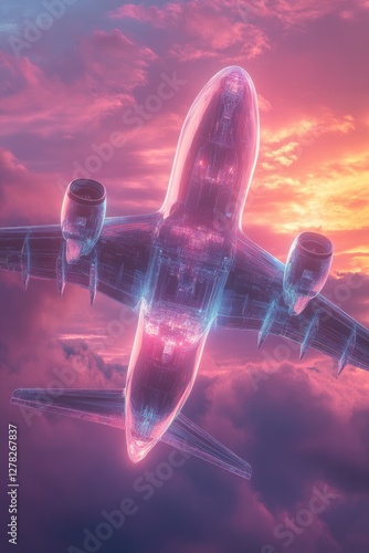 Futuristic airplane soaring through vibrant clouds at sunset, gl