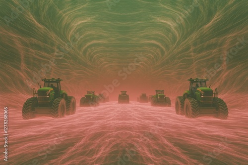 Futuristic vehicles navigate through surreal, glowing landscape