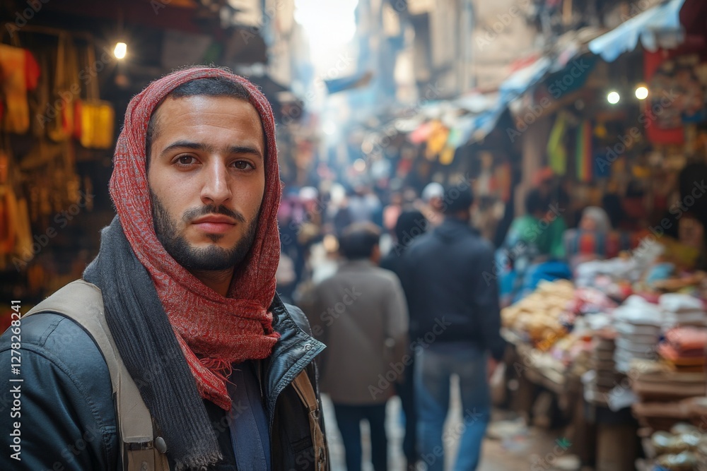 Man dressed in traditional attire explores bustling market in a historic city during daylight Man dressed in traditional attire explores bustling market in a historic city during daylight