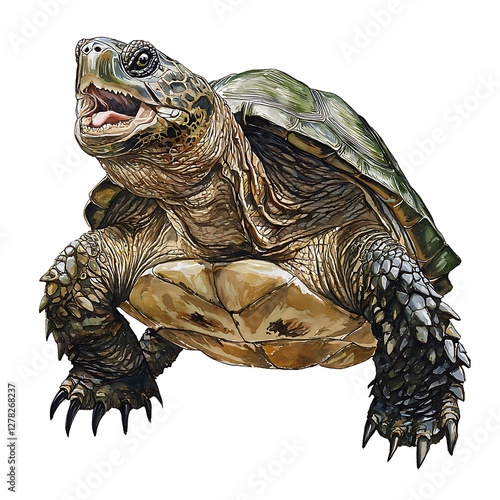 Powerful Snapping Turtle Detailed Watercolor Illustration.