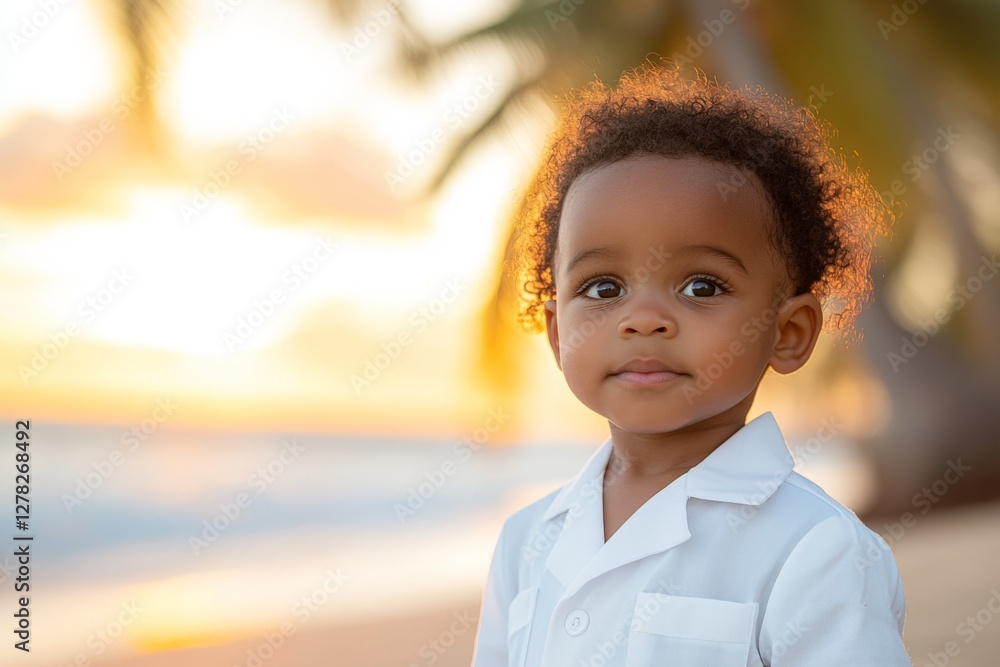 Young child enjoying sunset on a beach with palm trees in the background near the ocean Young child enjoying sunset on a beach with palm trees in the background near the ocean