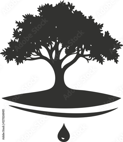 Silhouette of a tree with a droplet beneath, symbolizing nature and water.