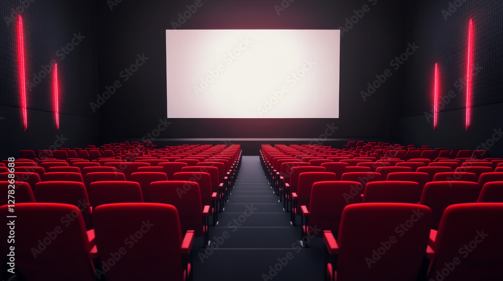 Fototapeta premium Cinema hall with audience seats and blank panoramic screen with transparent background. Template of movie theater auditorium interior with rows of red chairs, vector cartoon illustration