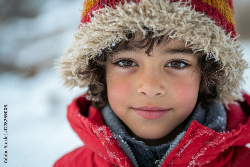Child in a red winter coat smiles against a snowy background during a cold day in a natural setting Child in a red winter coat smiles against a snowy background during a cold day in a natural setting
