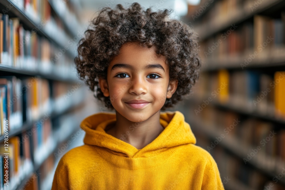 Young boy with curly hair smiling in a library filled with colorful books during daylight Young boy with curly hair smiling in a library filled with colorful books during daylight