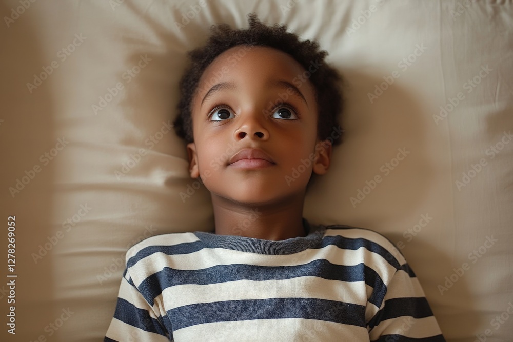 Child lying on bed looking up, deep in thought on a soft mattress in a cozy room Child lying on bed looking up, deep in thought on a soft mattress in a cozy room