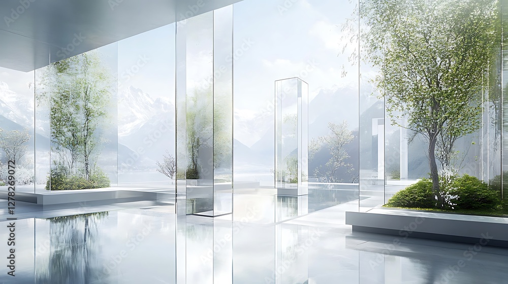 Fototapeta premium Modern Minimalist Glass Building With Indoor Trees and Mountain View