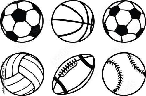 Sport balls set. Ball icons. Balls for Football, Soccer, Basketball, Tennis, Baseball, Volleyball. Vector illustration