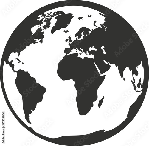 Monochrome illustration of a globe showing continents in black and white.