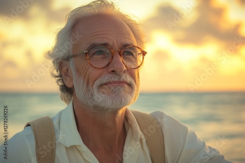 Elderly man gazes contemplatively at the ocean during a colorful sunset near a serene beach setting photo